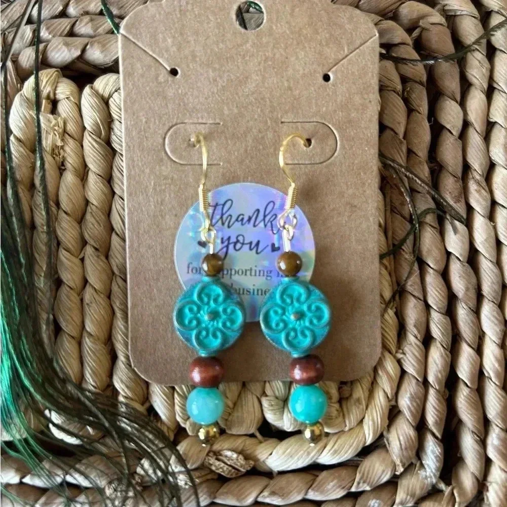 Handmade teal quartzite + tigers eye drop earrings